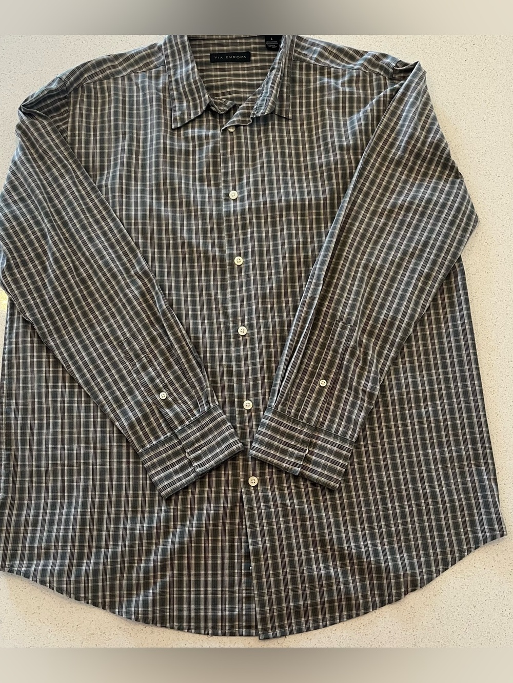 Men's Via Europa Green and Gray Plaid Button-Down Shirt Long Sleeve size L